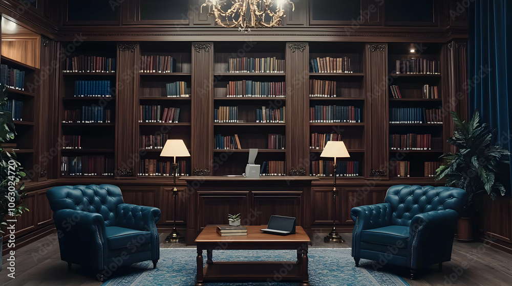 Elegant library with wooden shelves, comfortable chairs, and warm lighting for reading and relaxation. AI Image Elegant library with wooden shelves, comfortable chairs, and warm lighting for reading and relaxation. AI Image