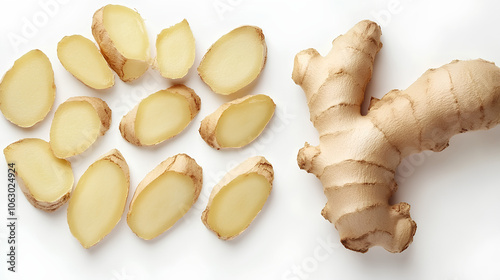 Ginger root sliced into pieces on white background. Top view