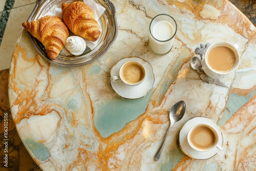 Top view espresso and croissants and various snacks