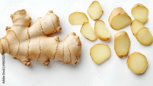 Ginger root sliced into pieces on white background. Top view