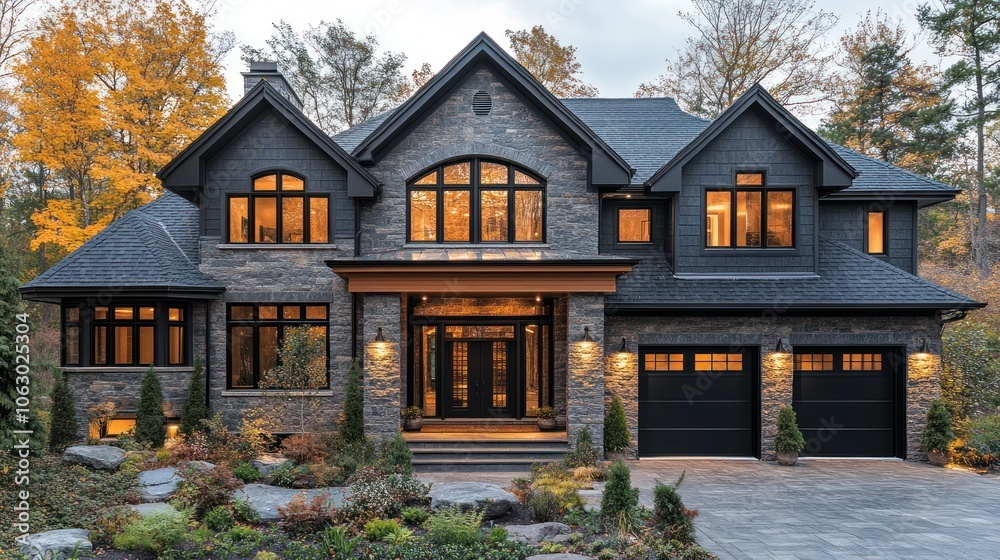 Modern stone house with large windows and elegant landscaping. Modern stone house with large windows and elegant landscaping.