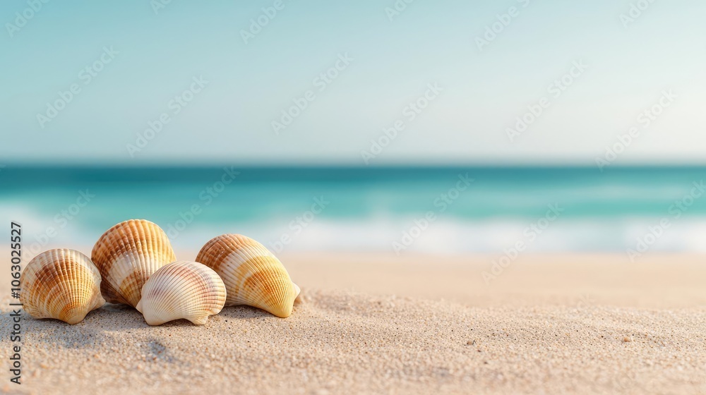 Shells on the beach with ocean view in the background, peaceful and serene setting Shells on the beach with ocean view in the background, peaceful and serene setting