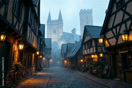 Charming medieval village street with cobblestone and castle towers.generative AI 