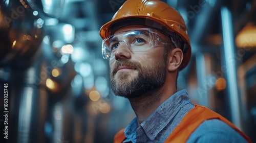 A male industrial worker wearing a hardhat and safety glasses looks thoughtfully upwards while standing in a factory.