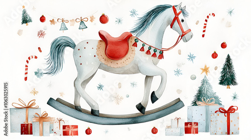 Watercolor christmas rocking horse with festive decorations, creating a whimsical and nostalgic holiday atmosphere photo