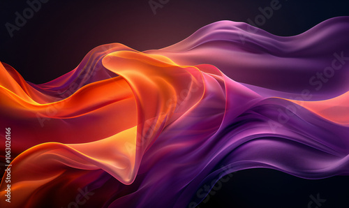 Abstract background with wavy lines and waves of light in orange, red and purple colors on a black background. Abstract art design element for creative concepts, technology, music or digital concepts.