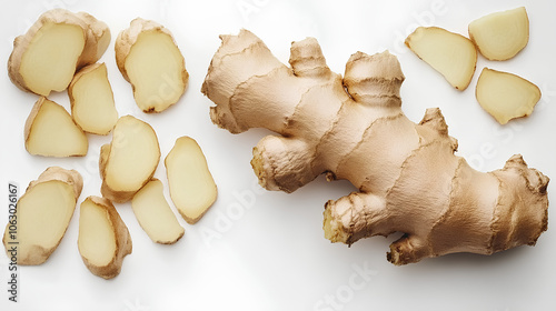 Ginger root sliced into pieces on white background. Top view