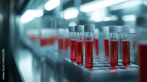 Red Liquid in Test Tubes on a White Rack in a Laboratory