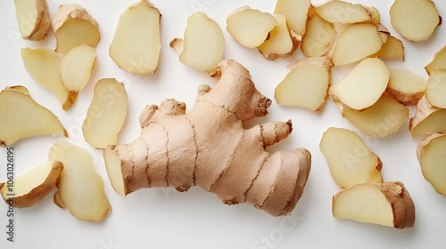 Ginger root sliced into pieces on white background. Top view