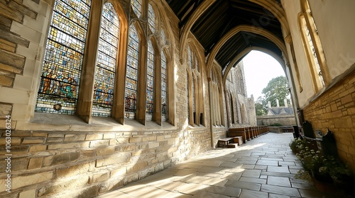 Serene Church Interior with Stunning Stained Glass Views