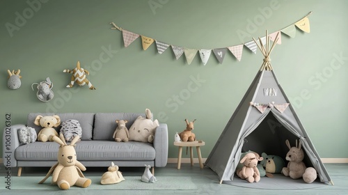 Pastel green wall in childrena??s room mockup, gray sofa beside a cute tent with bunting decoration, plush animals on the floor, a soft ambiance for playtime photo