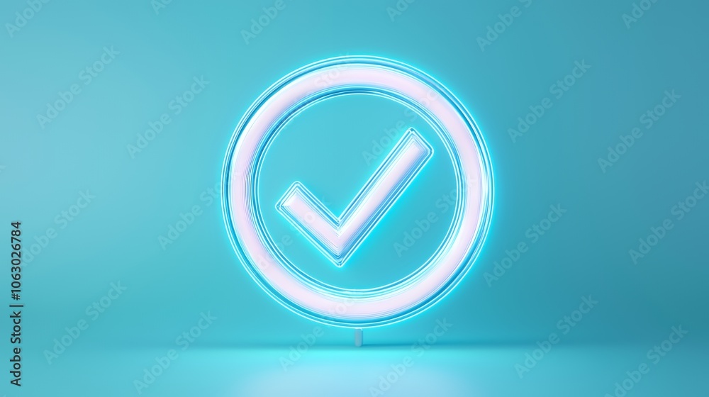 3D rendering of a neon check mark in a circle on a blue background. 3D rendering of a neon check mark in a circle on a blue background.