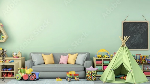 Playroom with light green mockup wall, gray sofa with colorful cushions, kids tent surrounded by toy storage, and a small chalkboard, cozy childrena??s decor photo