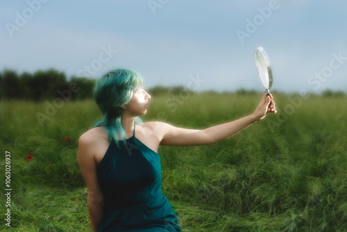 woman with magnifying glass reflecting sunbeams on her face photo