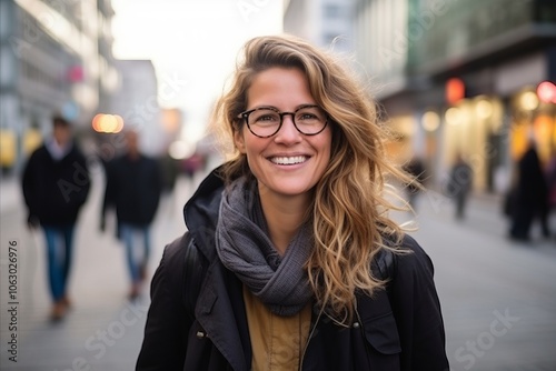 Portrait of a beautiful young woman with glasses and scarf in the city