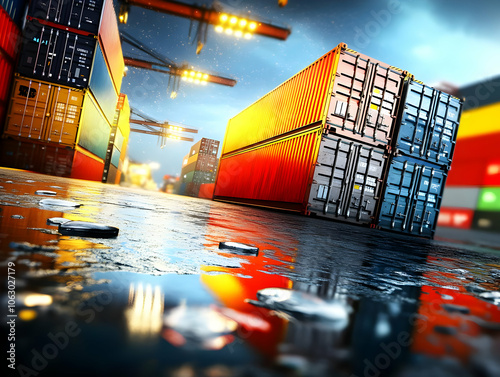 A vibrant scene of shipping containers in a port, reflecting in rainwater. AI Image photo