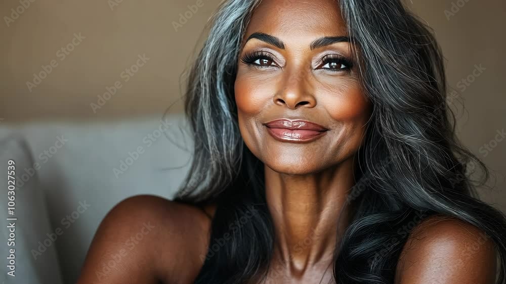 A woman with long, gray hair smiles softly while sitting in a chair