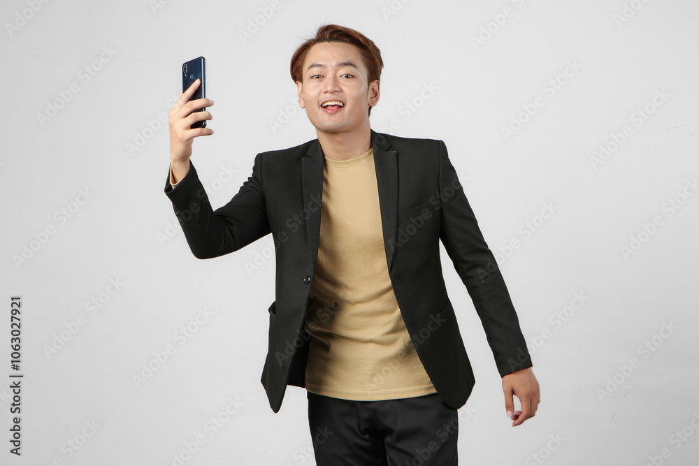 portrait of happy asian businessman wearing suit holding mobile phone on isolated background portrait of happy asian businessman wearing suit holding mobile phone on isolated background