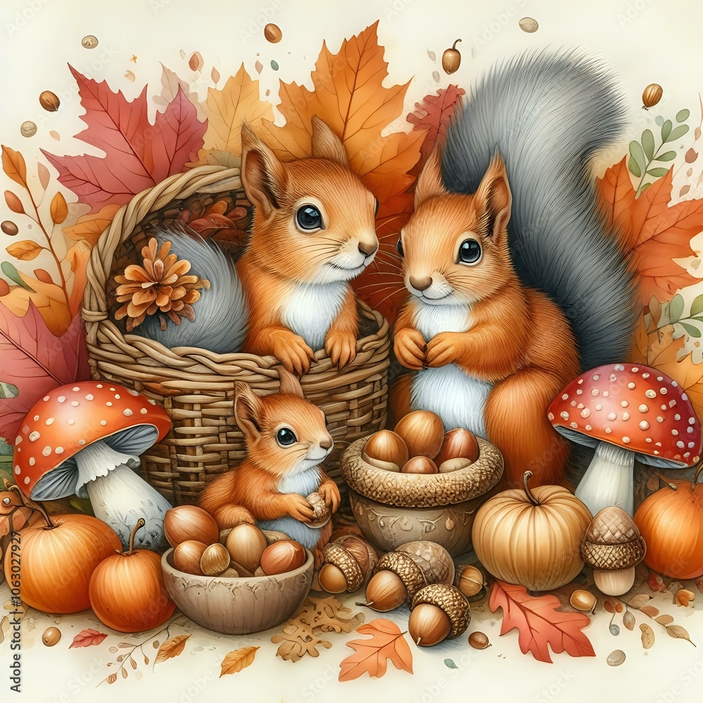 Fototapeta premium Autumn Squirrel Family Gathering