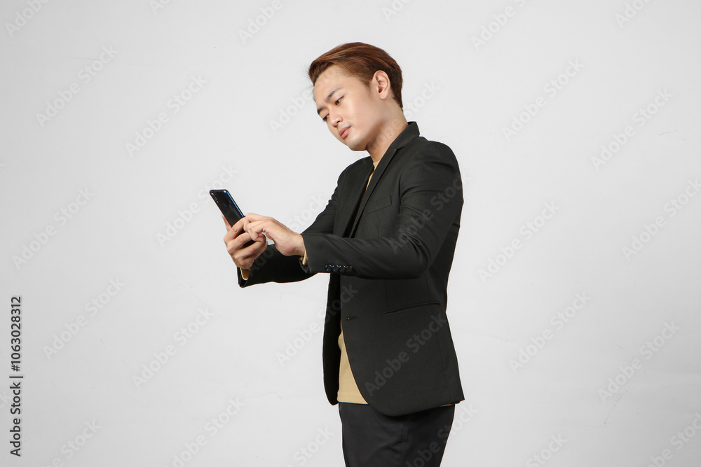 portrait of pensive thoughtful asian businessman wearing suit holding mobile phone on isolated background. portrait of pensive thoughtful asian businessman wearing suit holding mobile phone on isolated background.