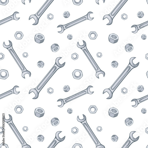Seamless pattern with wrenches and nuts. Vector illustration.