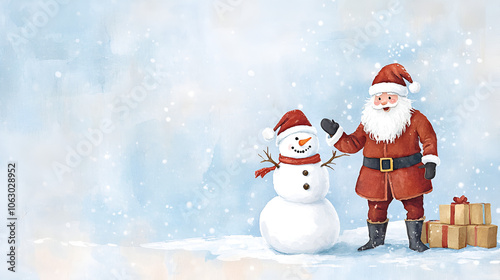 Santa claus having fun building a funny snowman on christmas eve, watercolor illustration