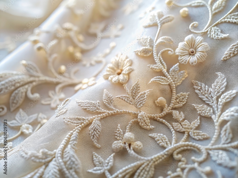 Close-Up of Elegant White Embroidered Fabric with Intricate Patterns and Textures in Soft Natural Light for Textile and Fashion Photography Close-Up of Elegant White Embroidered Fabric with Intricate Patterns and Textures in Soft Natural Light for Textile and Fashion Photography