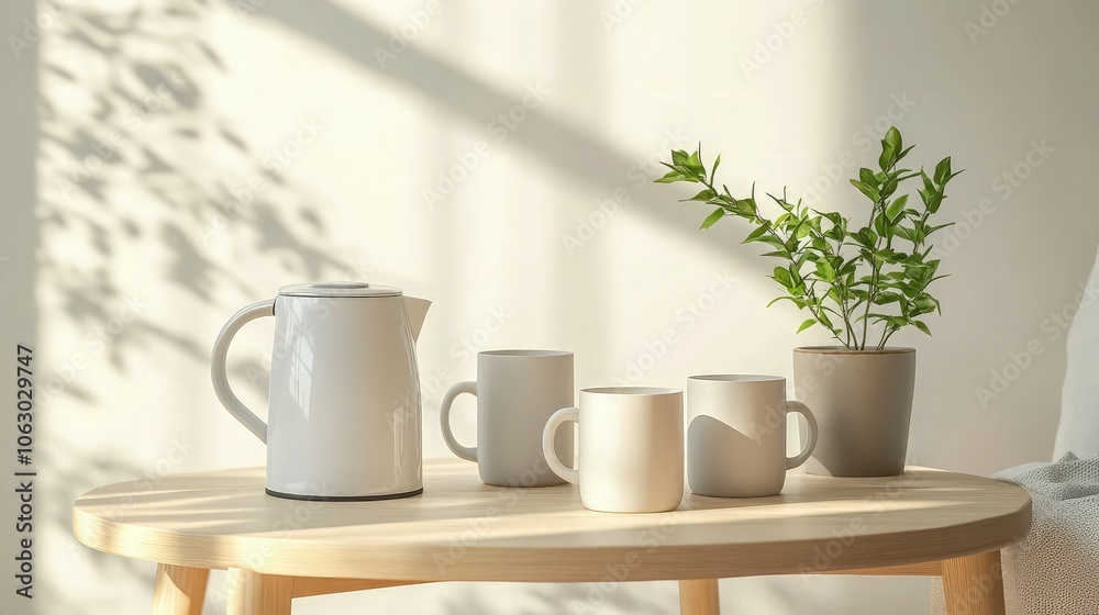 Scandinavian-inspired breakfast nook with a white kettle, minimalist ceramic mugs, and a small potted plant on a light oak table, bright and airy ambiance,
