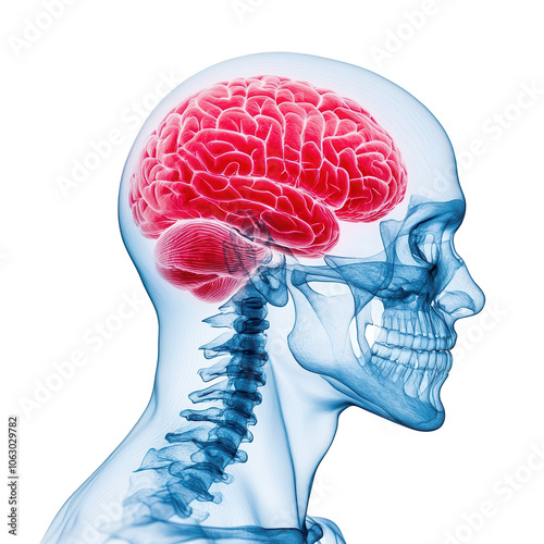 Anatomical illustration of human skull and brain, isolated on a white background, transparent background.