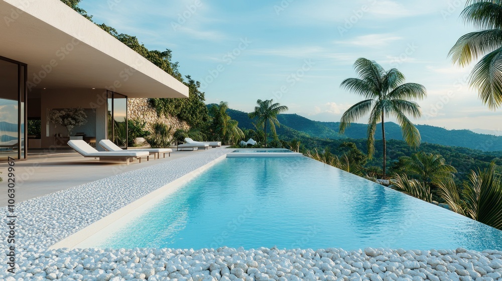 Fototapeta premium A luxurious villa pool garden with a sleek infinity pool overlooking a rolling landscape, lined with palm trees, white pebbles, and minimalist lounge chairs