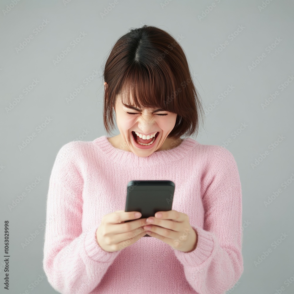 A woman joyfully engaged with her smartphone, expressing excitement.