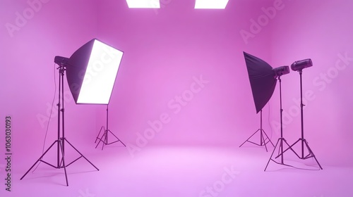 A photography studio set up with two lights and a pink backdrop.