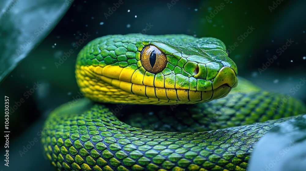 Fototapeta premium Close-up of a vibrant green snake among leaves.