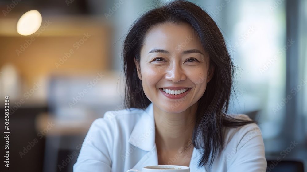 Portrait of a cheerful young doctor savoring coffee in a bright morning office atmosphere Portrait of a cheerful young doctor savoring coffee in a bright morning office atmosphere