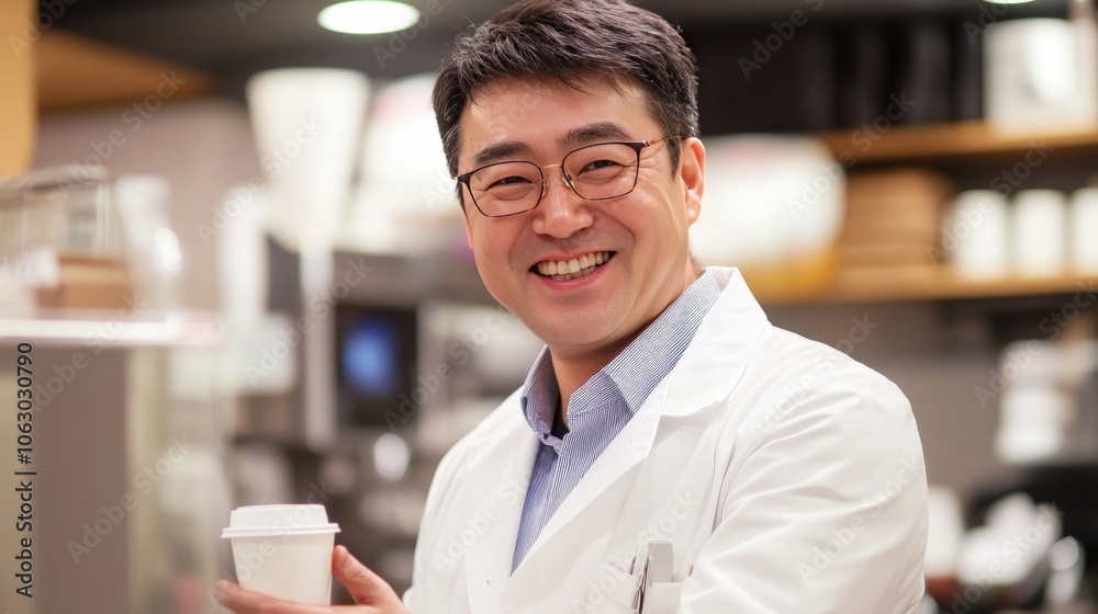 Cheerful young doctor enjoying coffee in morning office setting with a bright smile Cheerful young doctor enjoying coffee in morning office setting with a bright smile