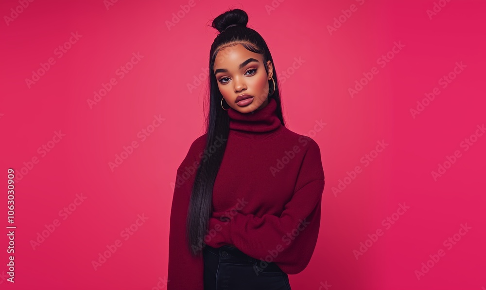A young woman poses in a cozy red sweater against a vibrant pink background, showcasing her confident style and striking features