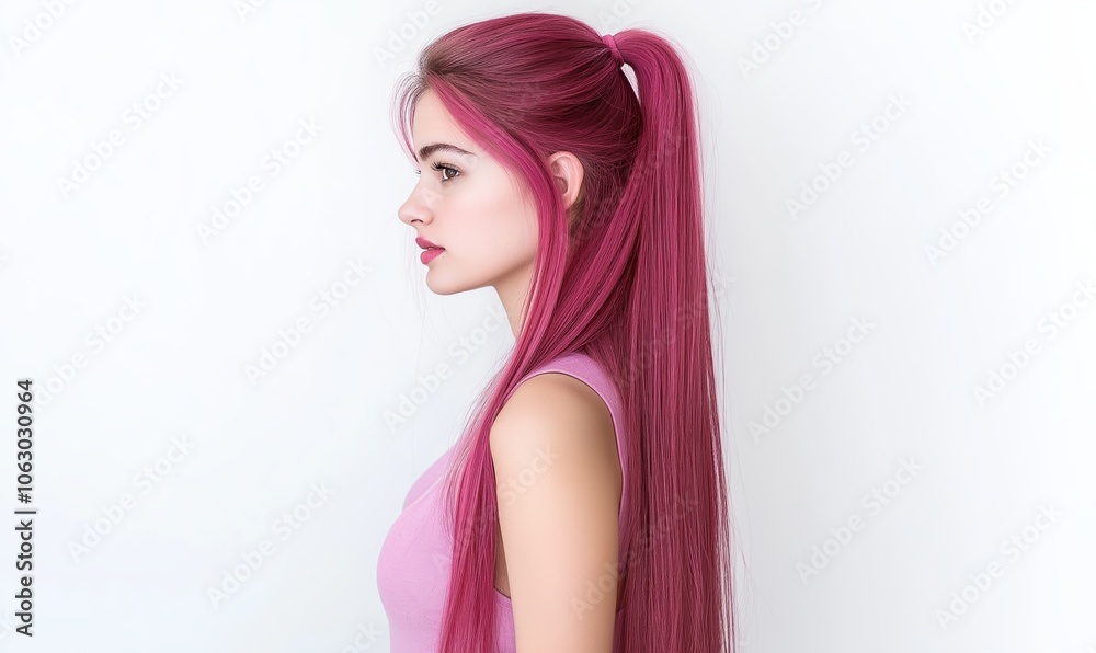 Young woman with vibrant pink hair styled in a ponytail against a neutral background during daylight hours Young woman with vibrant pink hair styled in a ponytail against a neutral background during daylight hours