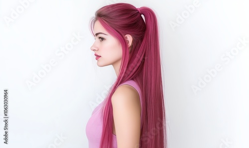 Young woman with vibrant pink hair styled in a ponytail against a neutral background during daylight hours