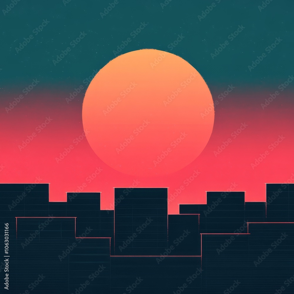 Fototapeta premium A stylized sunset over a city skyline, blending warm colors with silhouettes.