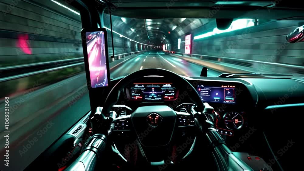 A futuristic car driven by robotic arms, with illuminated controls and a sleek high-tech interior, races through a tunnel A futuristic car driven by robotic arms, with illuminated controls and a sleek high-tech interior, races through a tunnel