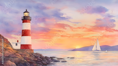 Beautiful watercolor illustration of a lighthouse standing on a rocky coast at sunset, with a sailboat in the distance