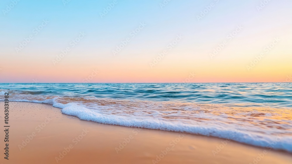Serene ocean waves gently rolling onto a sandy shore at sunset. Serene ocean waves gently rolling onto a sandy shore at sunset.