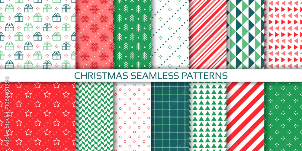 Christmas pattern. Seamless prints. red green background. Set textures with candy cane stripe, gift box, snowflake, tree, check. Xmas wrapping paper. Collection geometric backdrop. Vector illustration Christmas pattern. Seamless prints. red green background. Set textures with candy cane stripe, gift box, snowflake, tree, check. Xmas wrapping paper. Collection geometric backdrop. Vector illustration