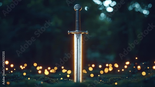 A mystical sword standing tall amidst glowing particles in a forest setting. photo