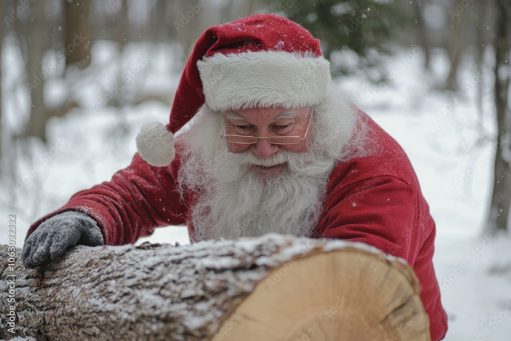 Santa diligently chopping wood for winter warmth Santa diligently chopping wood for winter warmth