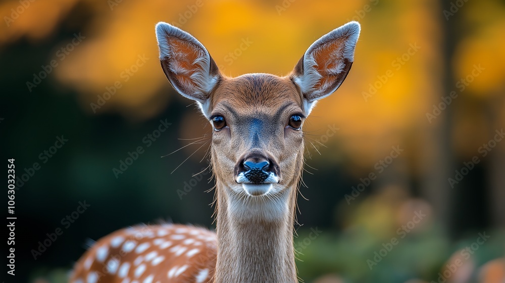 A close-up portrait of a young female deer with a blurred background of fall foliage. A close-up portrait of a young female deer with a blurred background of fall foliage.