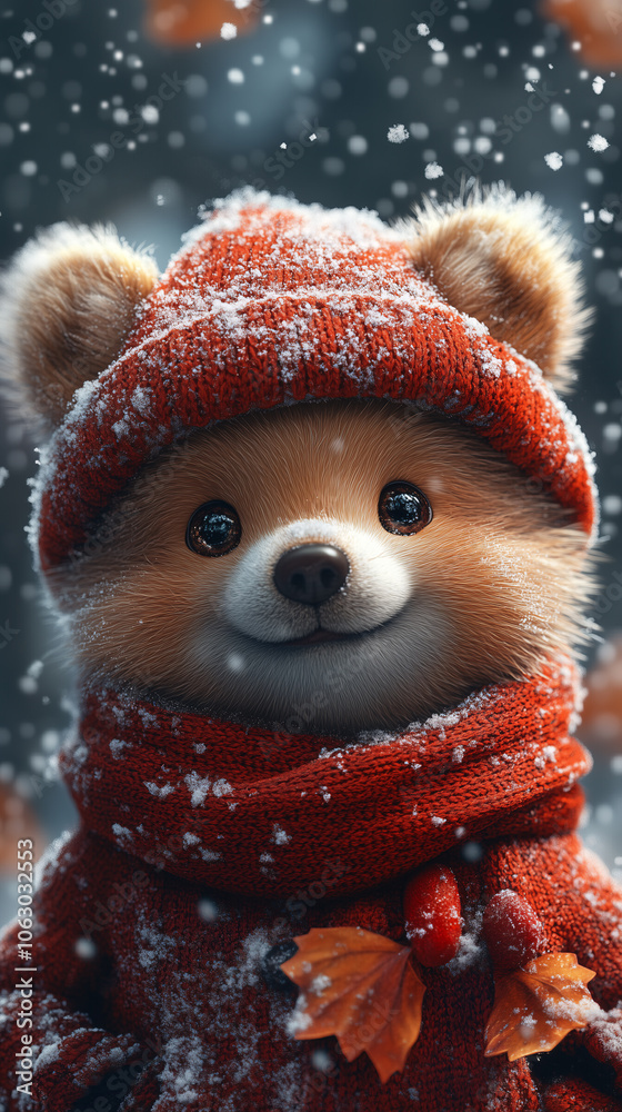 Puppy is smiling during a snowfall while wearing a red winter hat and scarf Puppy is smiling during a snowfall while wearing a red winter hat and scarf