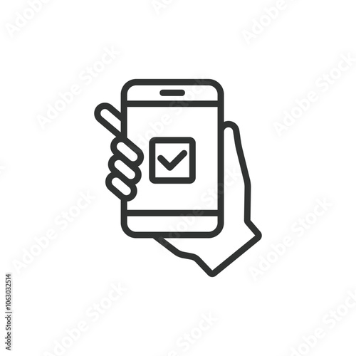 Mobile voting, icon in line design. Mobile voting, online, digital ballot, smartphone voting, electronic polling, mobile app on white background vector. Mobile voting editable stroke icon