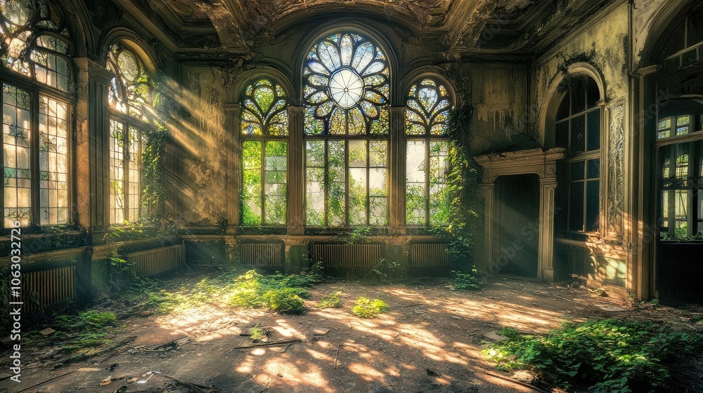 Sunlit Abandoned Room with Nature's Touch Sunlit Abandoned Room with Nature's Touch