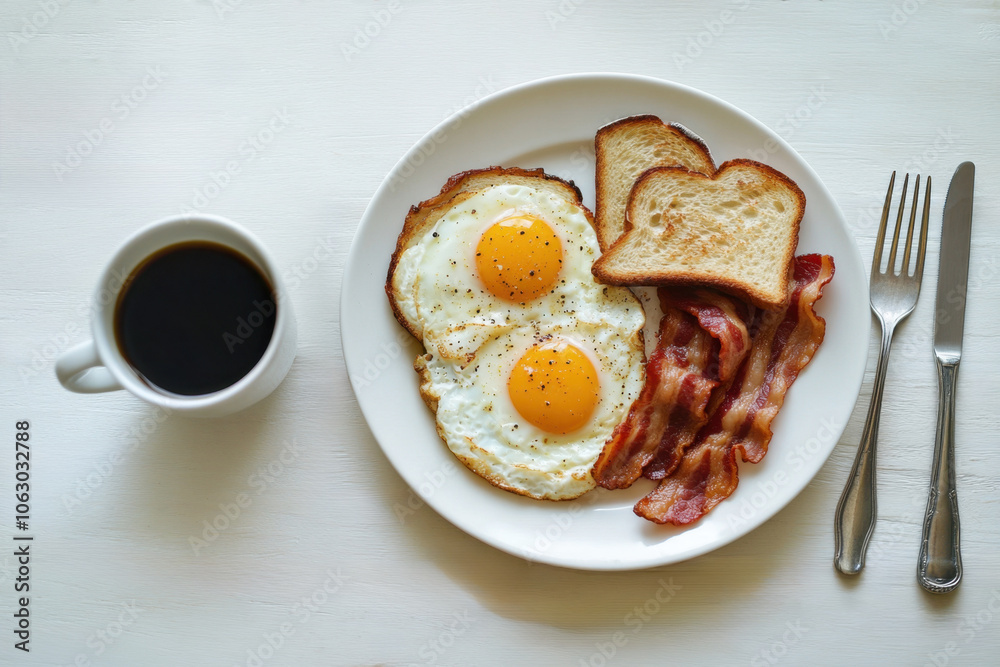 Breakfast with omelette, bacon, bread and coffee, top view, banner, light background. There is an omelet with bacon and a morning cappuccino on a plate, next to a fork and . American Breakfast Breakfast with omelette, bacon, bread and coffee, top view, banner, light background. There is an omelet with bacon and a morning cappuccino on a plate, next to a fork and . American Breakfast